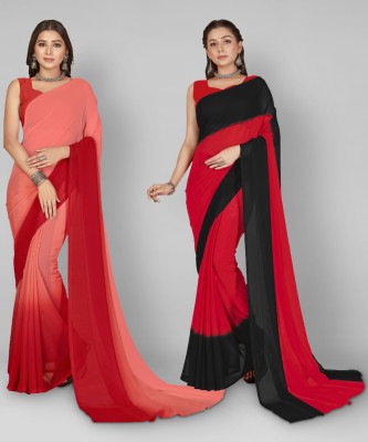 kashvi sarees Striped Bollywood Georgette Saree(Pack of 2, Red, Pink, Black)