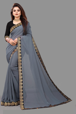 Jevlan Solid/Plain Bollywood Silk Blend Saree(Grey)