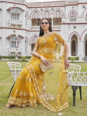 Tikhi Imli Embroidered Bollywood Net Saree(Yellow)