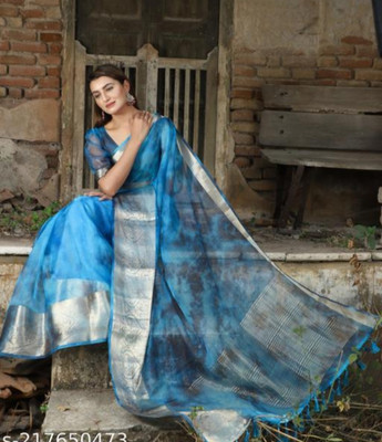 Banaras silk palace Color Block, Dyed Bollywood Organza Saree(Light Blue)