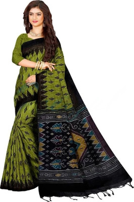 makalitraders Printed Sambalpuri Pure Cotton Saree(Light Green, Black)