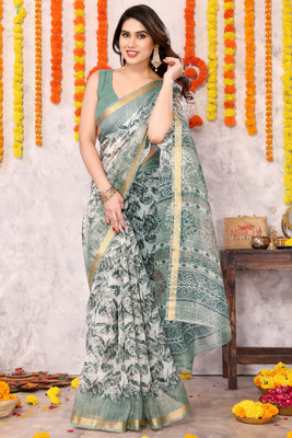 MIRCHI FASHION Printed Kota Doria Polyester Saree(Green, Cream)