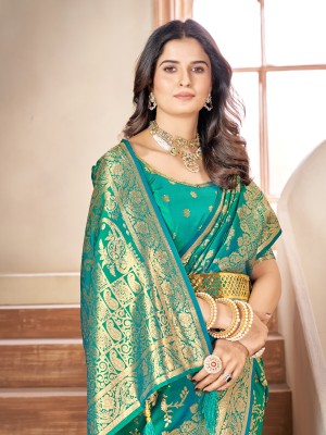 Mehrang Self Design Banarasi Cotton Silk Saree(Light Green)