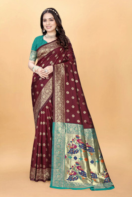 DHAYNAAND REEWA FASHION Woven Kanjivaram Jacquard Saree(Maroon)