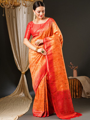 Tasrika Woven Kanjivaram Silk Blend Saree(Orange, Pink)