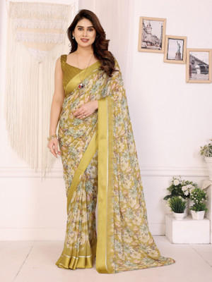 Divastri Digital Print, Floral Print Daily Wear Georgette, Satin Saree(Mustard)