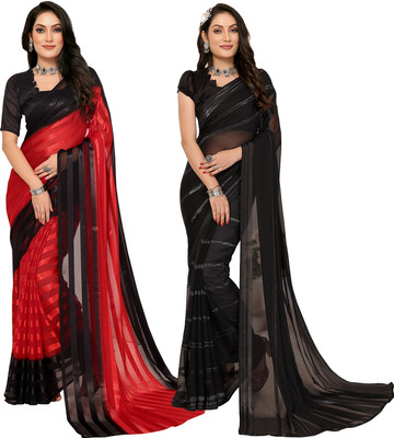 Moda Rapido Self Design, Striped, Ombre Bollywood Satin Saree(Pack of 2, Red, Black)