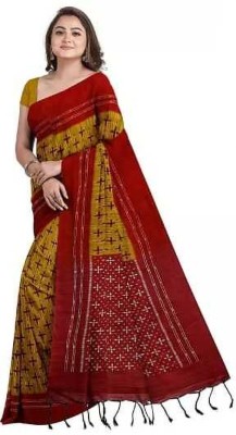 DUGGE FASHION Printed Sambalpuri Cotton Blend Saree(Gold)