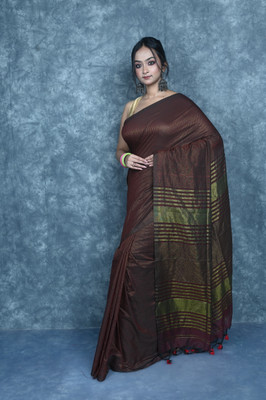 Tapan Textiles Striped Handloom Pure Cotton Saree(Brown)