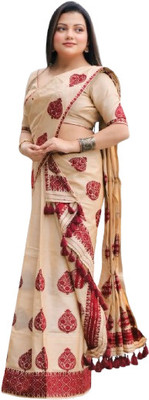 Garbguru Woven Mekhela Chador Pure Silk Saree(Cream)