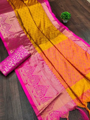 PRANJAL ART Printed Bollywood Jacquard, Art Silk Saree(Yellow, Pink)
