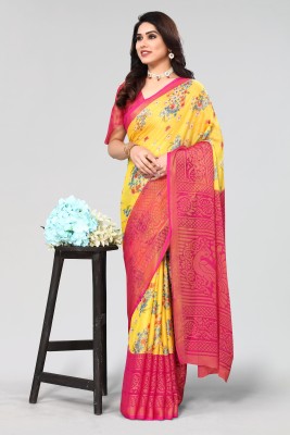 Winza Designer Floral Print, Printed, Self Design Bollywood Chiffon, Brasso Saree(Pink, Yellow)