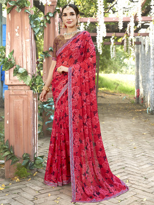 ANOUK Printed Daily Wear Georgette Saree(Red)