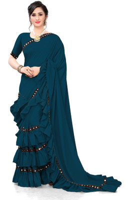 fentik.com Solid/Plain Bollywood Lycra Blend Saree(Dark Blue)