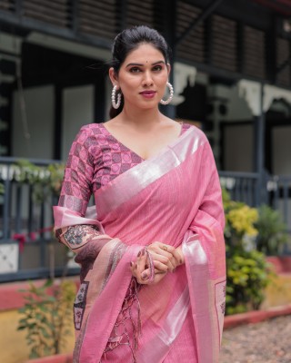 maharani couture Floral Print Bollywood Cotton Linen Saree(Pink)