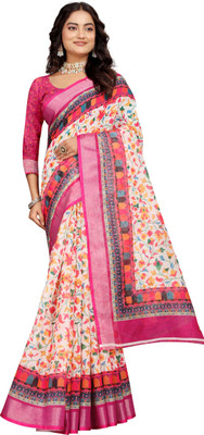 HouseOfCommon Printed Kanjivaram Pure Cotton, Cotton Linen Saree(Pink)