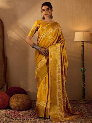 Anouk Rustic Printed Chinnalapattu Silk Blend Saree(Mustard)