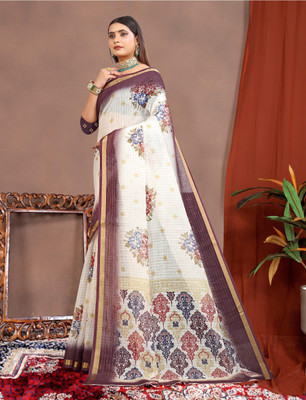 HouseOfCommon Digital Print Kanjivaram Pure Cotton, Cotton Linen Saree(Cream)