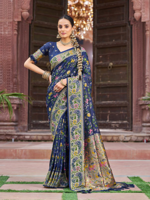 SWORNOF Printed Bollywood Silk Blend Saree(Blue)