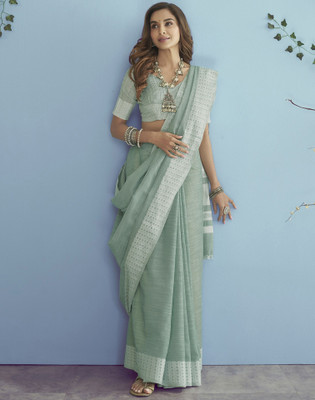 Satrani Woven, Self Design, Embellished Handloom Pure Cotton Saree(Light Green, White)