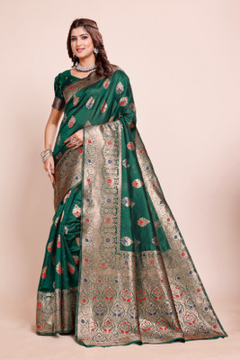 DHAYNAAND REEWA FASHION Floral Print Kanjivaram Organza Saree(Dark Green)