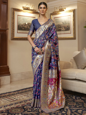 Divastri Woven Daily Wear Silk Blend Saree(Dark Blue)