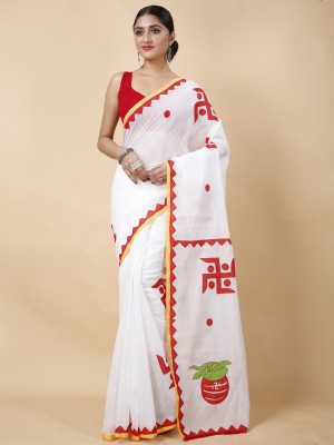 DipDiya Woven Handloom Pure Cotton Saree(White, Red)