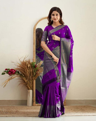 Nirvaan Solid/Plain Banarasi Cotton Silk, Jacquard Saree(Purple)