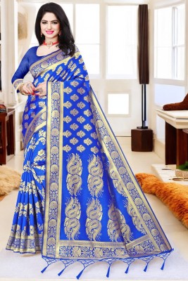 ALMEDA Embellished Kanjivaram Silk Blend Saree(Dark Blue)