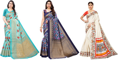 YASHIKA Printed, Woven Kanjivaram Art Silk Saree(Pack of 3, Blue, Cream)