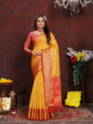 Niwaa Printed, Self Design, Embellished, Woven, Animal Print, Blocked Printed Paithani Jacquard, Silk Blend Saree(Yellow)