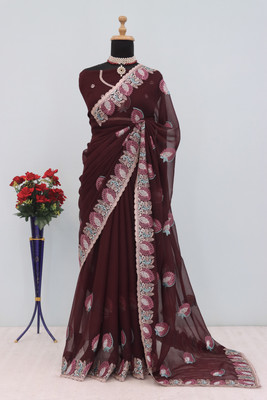 MIYANIFAB Embroidered Bollywood Silk Blend Saree(Maroon)