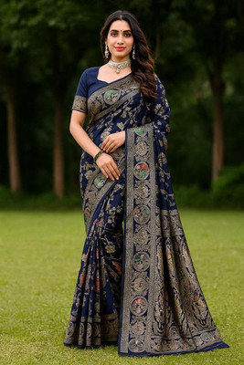 VKARAN Printed Kanjivaram Art Silk Saree(Dark Blue)