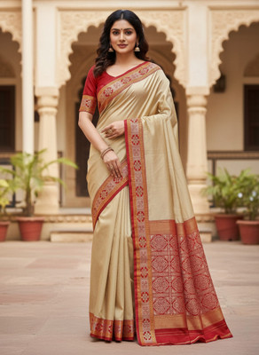 Zahidandsons Temple Border Sambalpuri Silk Blend Saree(Cream)