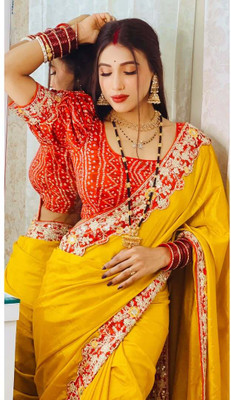 zili Solid/Plain, Embroidered, Floral Print, Woven, Printed Assam Silk Georgette Saree(Yellow)