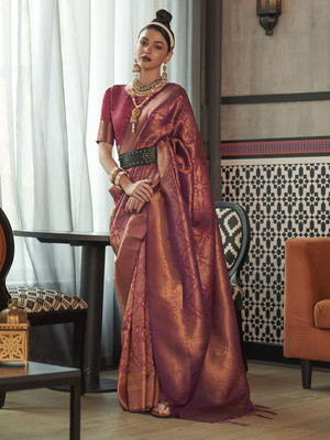 Tasrika Woven Kanjivaram Silk Blend Saree(Purple)