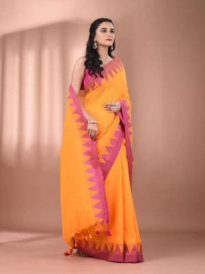GOURISAREE Temple Border, Solid/Plain Tant Cotton Blend Saree(Yellow)