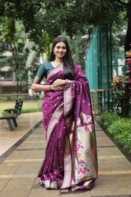 sarjan creation Woven Paithani Pure Cotton Saree(Purple)
