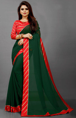Glamour Hub Solid/Plain Bollywood Georgette, Chiffon Saree(Dark Green)