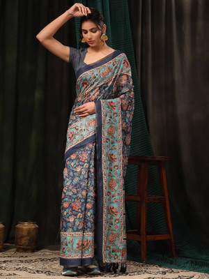 SILK ZONE Digital Print Chanderi Cotton Blend Saree(Dark Blue)