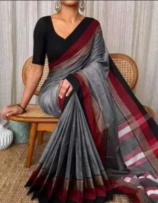 Quetzal Self Design Handloom Pure Cotton Saree(Grey)