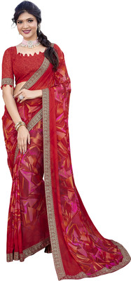 Priyashi Printed Bandhani Georgette, Lace Saree(Red)