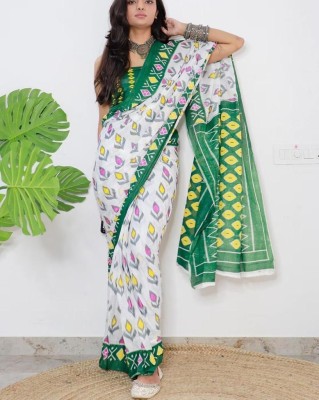 Pervas Printed Daily Wear Cotton Linen, Silk Blend Saree(Green)