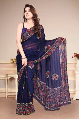 Yatay Floral Print Bollywood Chiffon, Georgette Saree(Dark Blue)