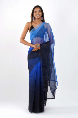 kaizen texo fab Solid/Plain Saree with Attached Blouse Organza Saree(Blue)