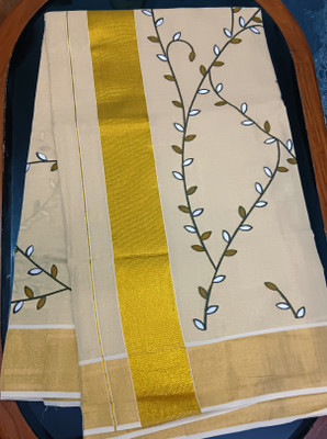 Kunjus Printed, Self Design Kasavu Tissue Saree(Gold, Brown)