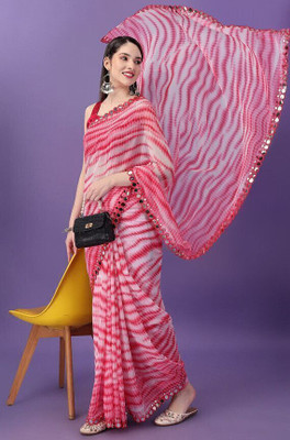 ROOP SUNDARI SAREES Printed, Checkered, Striped Leheria Georgette Saree(Pink, Multicolor)