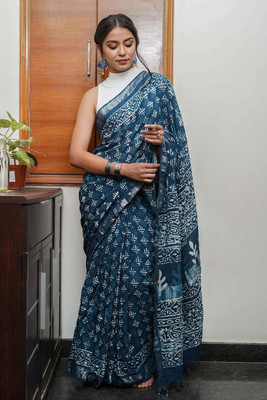 KITKET FASHION Digital Print Pochampally Cotton Linen Saree(Blue)