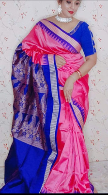 Share Balaji creation Temple Border, Solid/Plain Sambalpuri Silk Blend Saree(Pink)