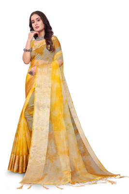 Aarunika BS Solid/Plain Bollywood Organza Saree(Yellow)